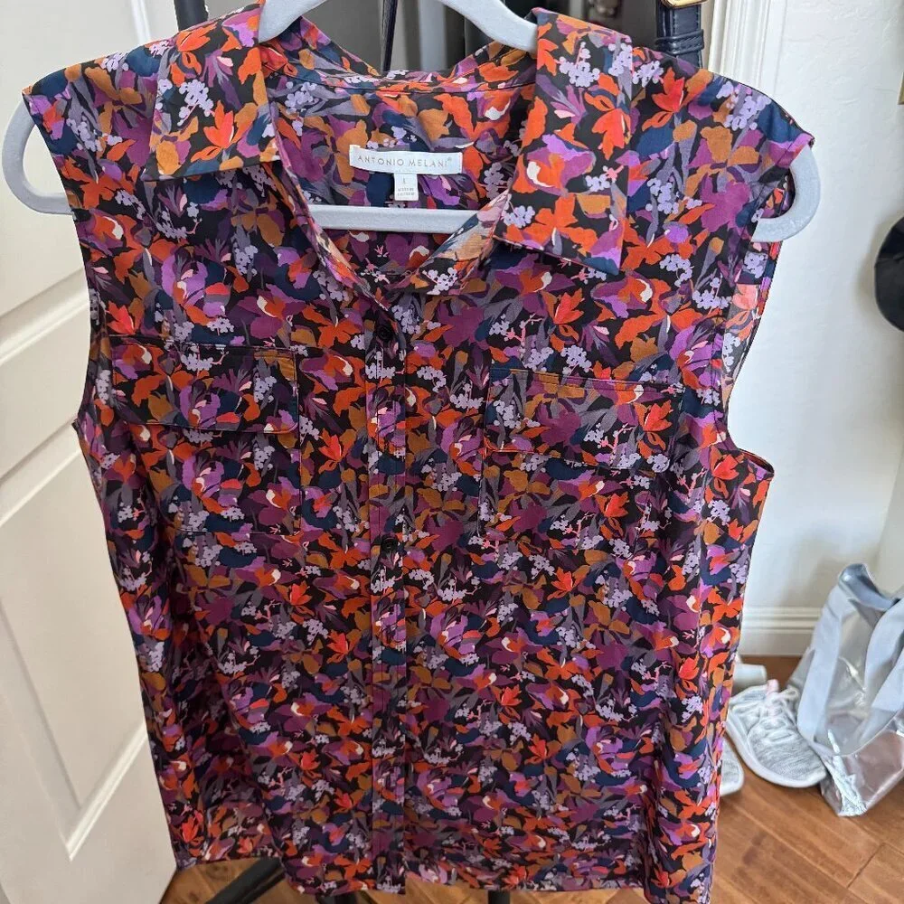 SET: Antonio Melani Floral Sleeveless Button-Down Top & Tiered Midi Skirt